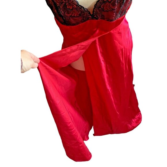 Vintage Inner Most 80s Nightgown Sears Satin Lace Red Black Long Slit Skirt Sz L - Picture 3 of 15